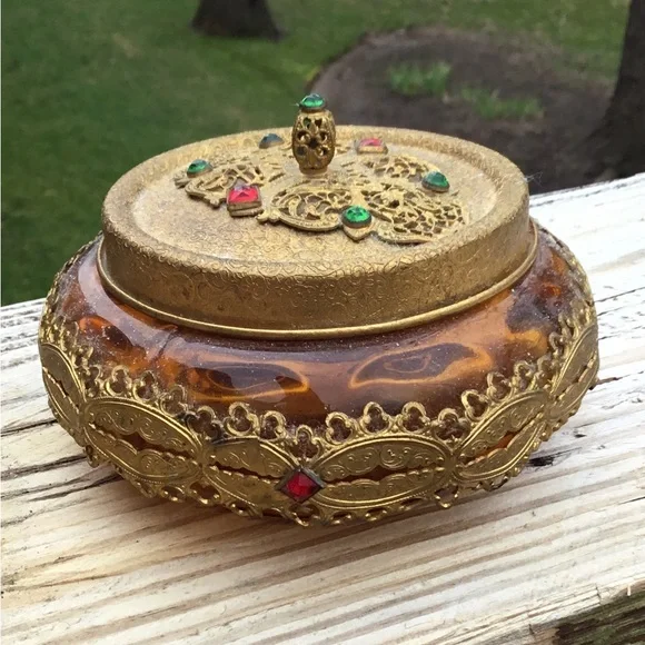Antique Victorian ornate amber glass vanity jar - Picture 9 of 14